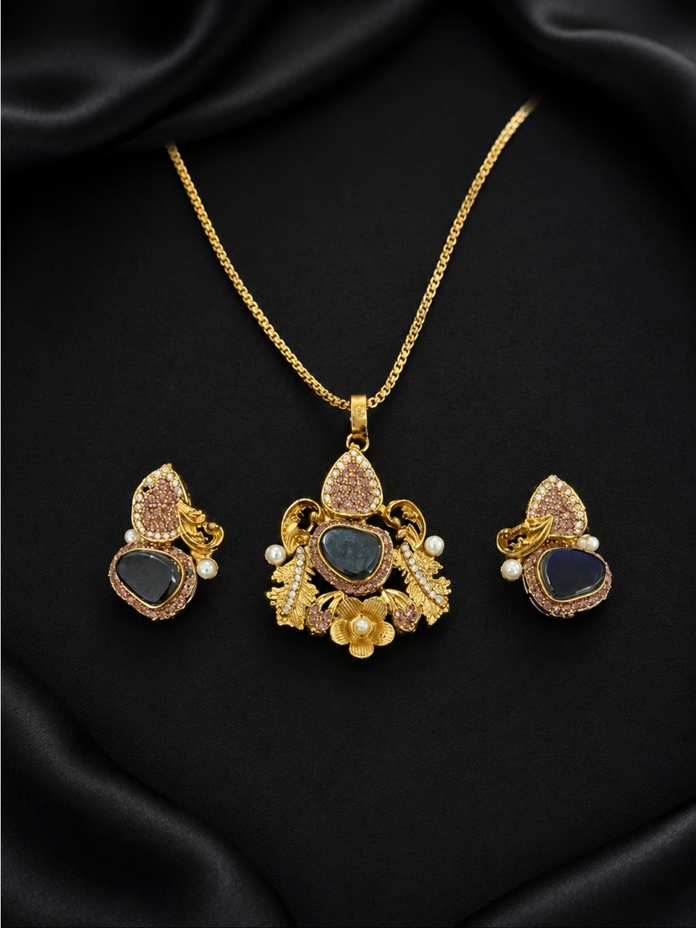 Gold-Tone Pink & Black Stone Pendant Necklace Set - Women's Jewelry